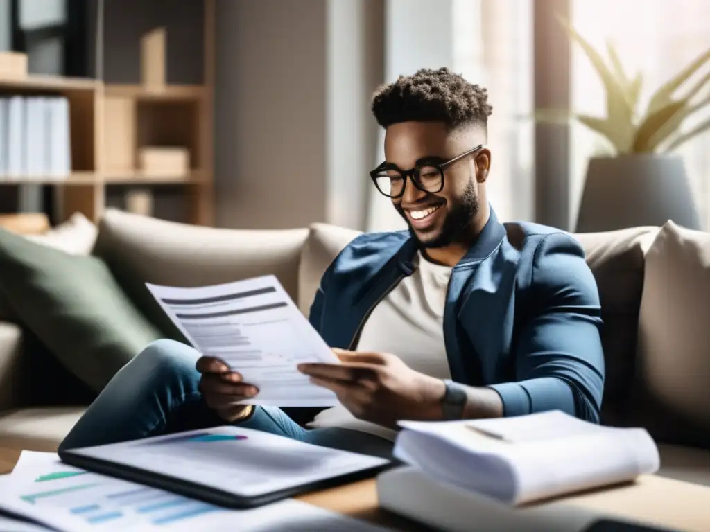 Joven millennial en sofá rodeado de dinero e inversiones Joven millennial en sofá rodeado de dinero y documentos financieros, promoviendo inversiones pasivas para millennials