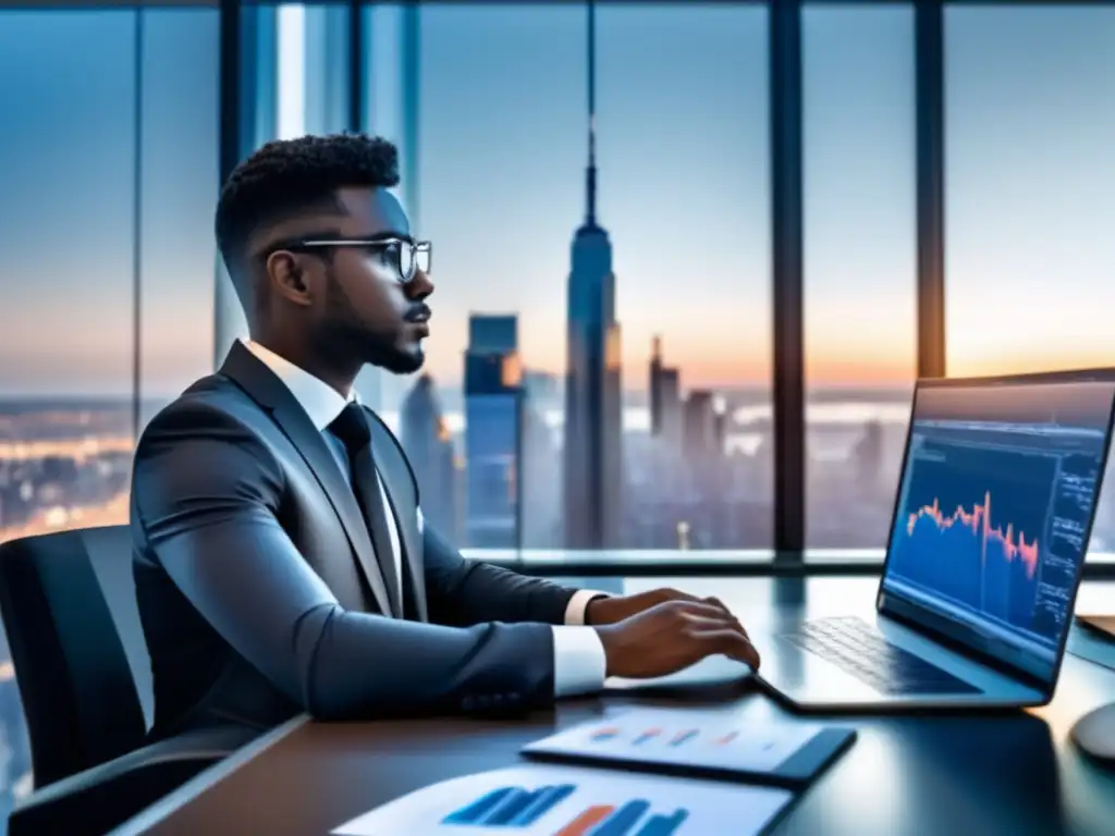 Profesional enfoque financiero Joven profesional estudia inversiones rentables en escritorio moderno con vista urbana