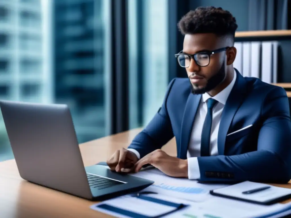 Joven profesional estableciendo metas financieras Joven profesional en oficina moderna, con documentos financieros y laptop