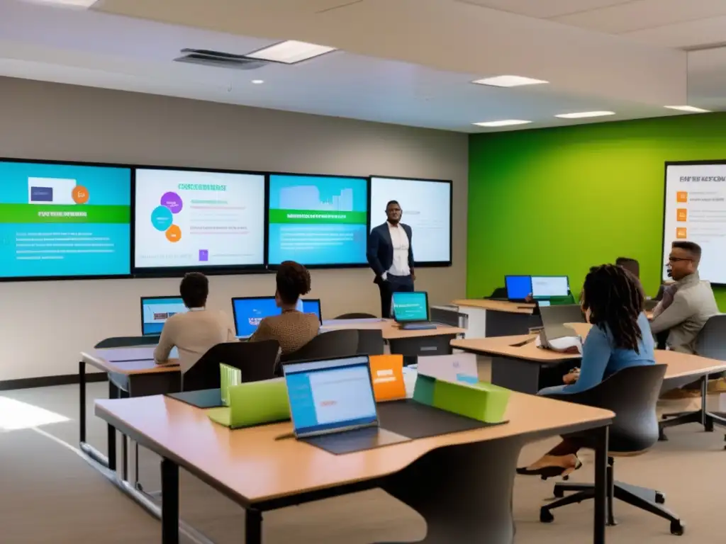 Aula moderna de emprendedores jóvenes Jóvenes emprendedores aprenden importancia educación financiera en microfinanzas