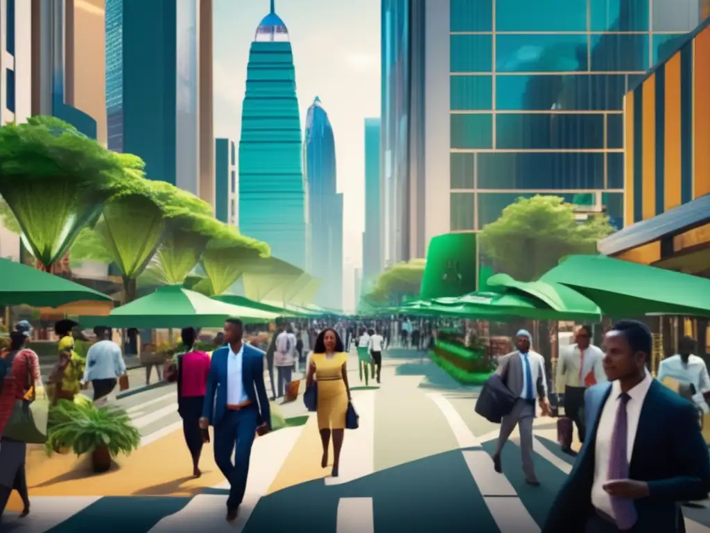Ciudad emergente: Economía, desarrollo y sostenibilidad Joyas ESG en mercados emergentes: Calle bulliciosa en ciudad emergente, con rascacielos modernos y enfoque en sostenibilidad