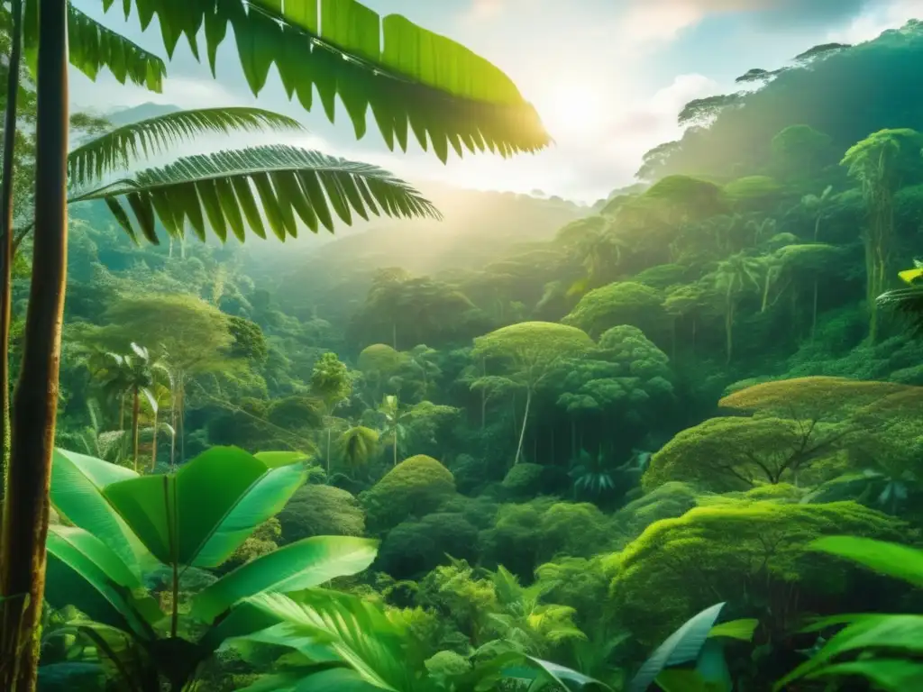 Selva tropical vibrante en economía emergente Joyas ESG en mercados emergentes: Rainforest exuberante y vibrante en economía emergente, con luz filtrada y diversa vegetación