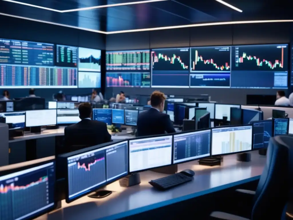 Trading floor moderno y dinámico Juego de inversión para principiantes en un trading floor 8K con traders analizando datos de mercado