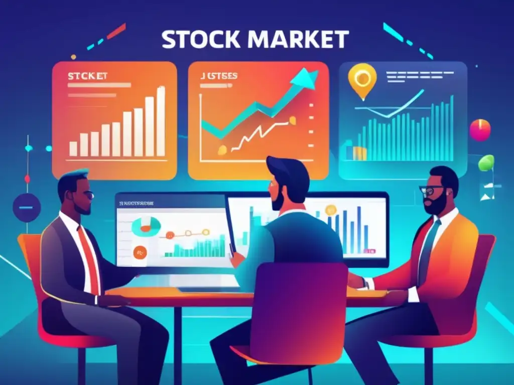 Juego de bolsa: inversores y tecnología Juegos de bolsa para inversores en un entorno moderno y dinámico, con profesionales interactuando en una mesa de trading virtual
