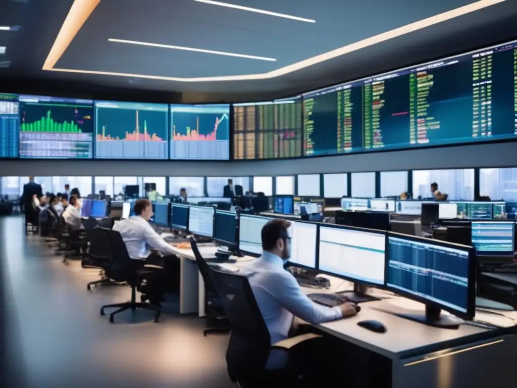 Trading floor moderno y dinámico Juegos de bolsa para inversores: Trading floor moderno, monitores, traders analizando gráficos y tomando decisiones basadas en datos
