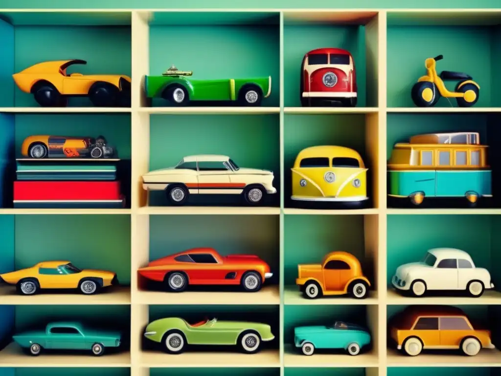 Colección de juguetes vintage en estante minimalista Juguetes de colección rentables en estante minimalista con detalles y colores vibrantes