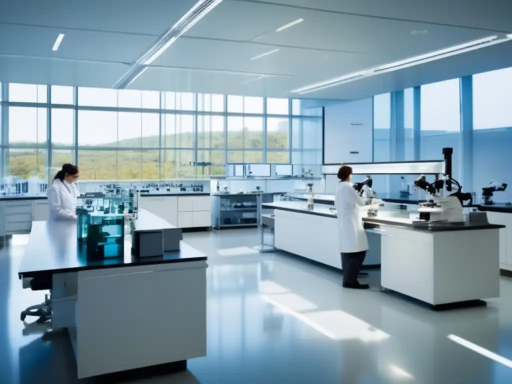 Investigación de biotecnología en laboratorio moderno Laboratorio biotecnológico: Investigación y avance científico con científicos en bata blanca trabajando en microscopios y maquinaria avanzada