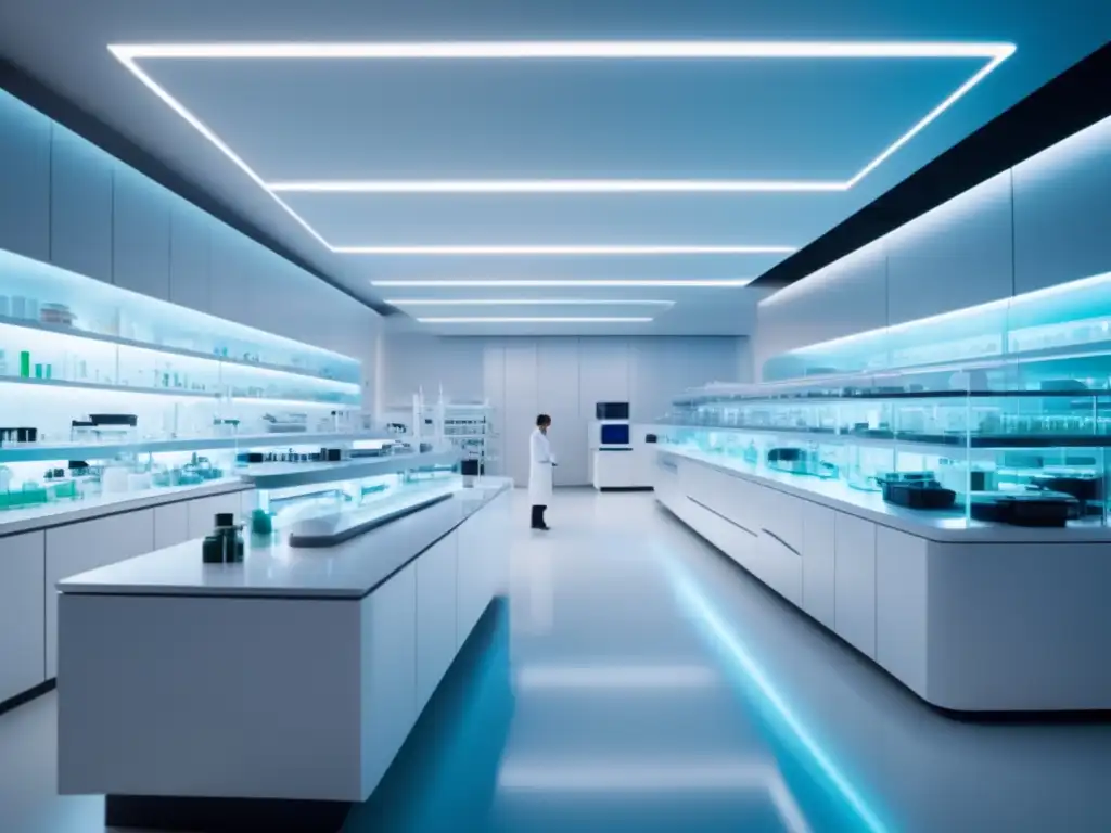 Laboratorio farmacéutico futurista con científicos trabajando Laboratorio farmacéutico futurista con equipos de vanguardia, investigadores en bata blanca analizando muestras y robots asistiendo