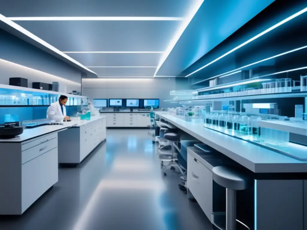 Laboratorio farmacéutico moderno con investigadores trabajando diligentemente en experimentos Laboratorio farmacéutico moderno con investigadores trabajando en experimentos