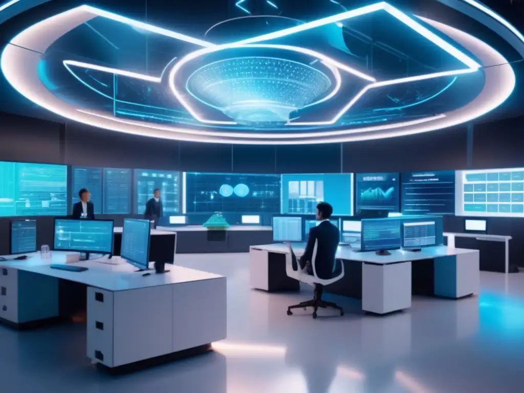 Laboratorio financiero futurista y vanguardista Yield Farming: Laboratorio financiero futurista con investigadores, gráficos y hologramas de criptomonedas