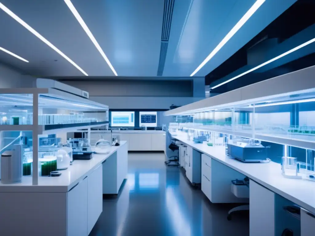 Laboratorio futurista de biotecnología avanzada Laboratorio futurista de biotecnología con equipos avanzados y científicos trabajando en experimentos y análisis de datos