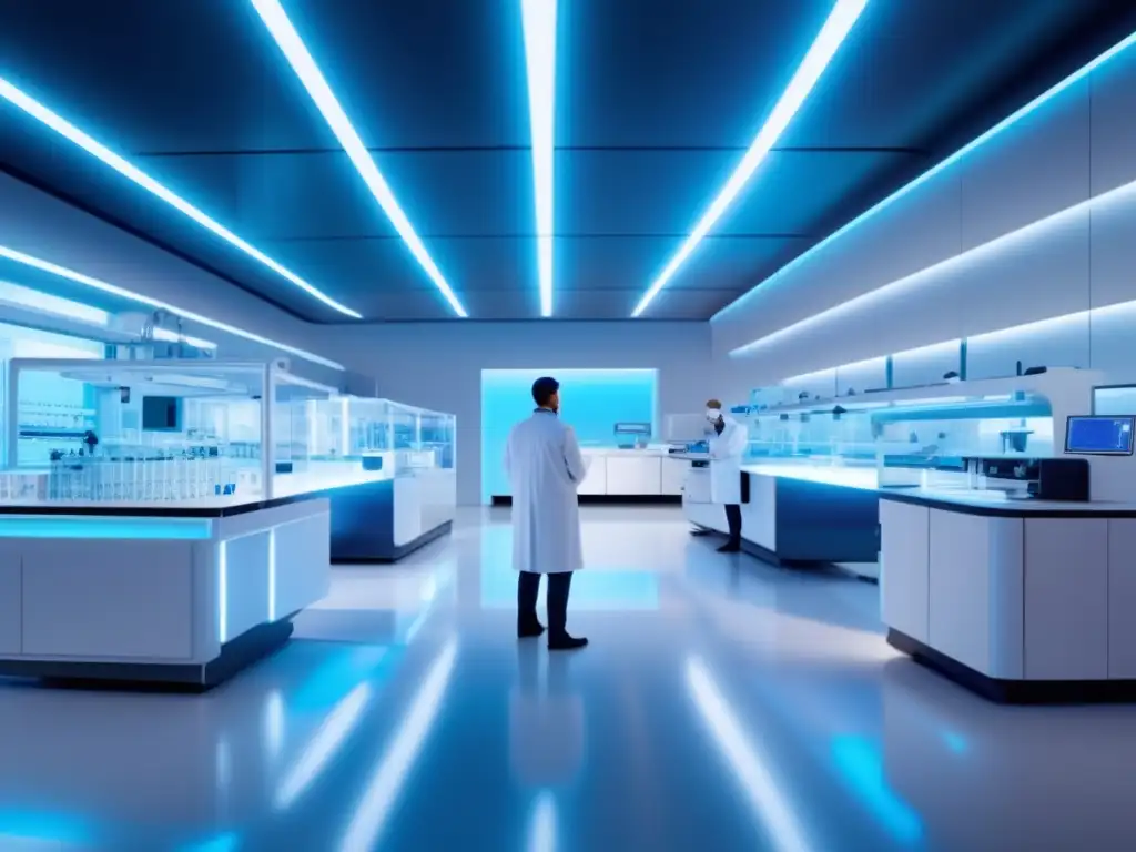 Laboratorio futurista con equipos farmacéuticos avanzados Laboratorio futurista con equipos farmacéuticos avanzados y científico analizando una muestra - Farmacéuticas líderes en bolsa