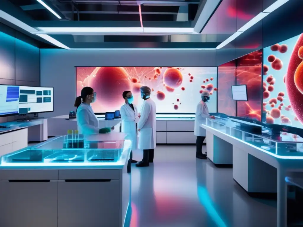 Futuro laboratorio médico con nanorobot en 3D Laboratorio médico futurista con científicos analizando un nanorobot en la corriente sanguínea