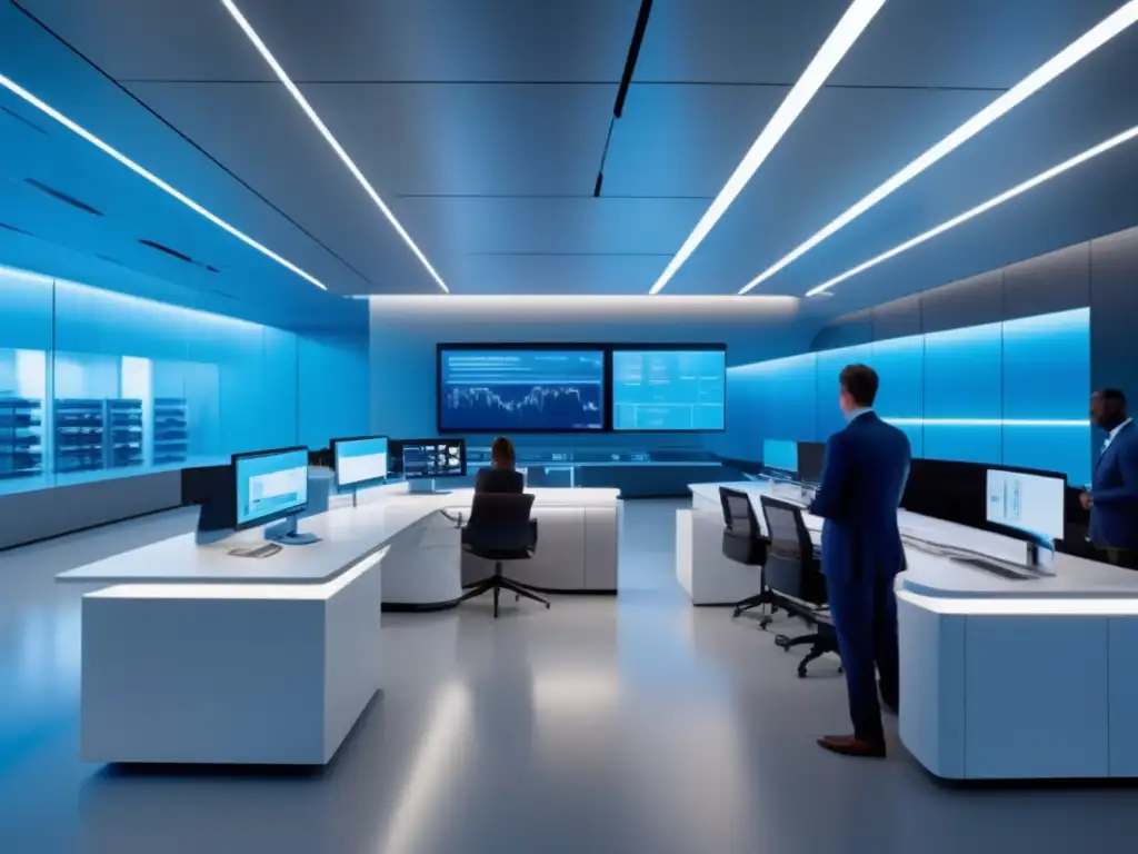 Laboratorio financiero futurista con IA y tecnología de vanguardia Laboratorio de tecnología financiera futurista con IA y profesionales en discusiones intensas