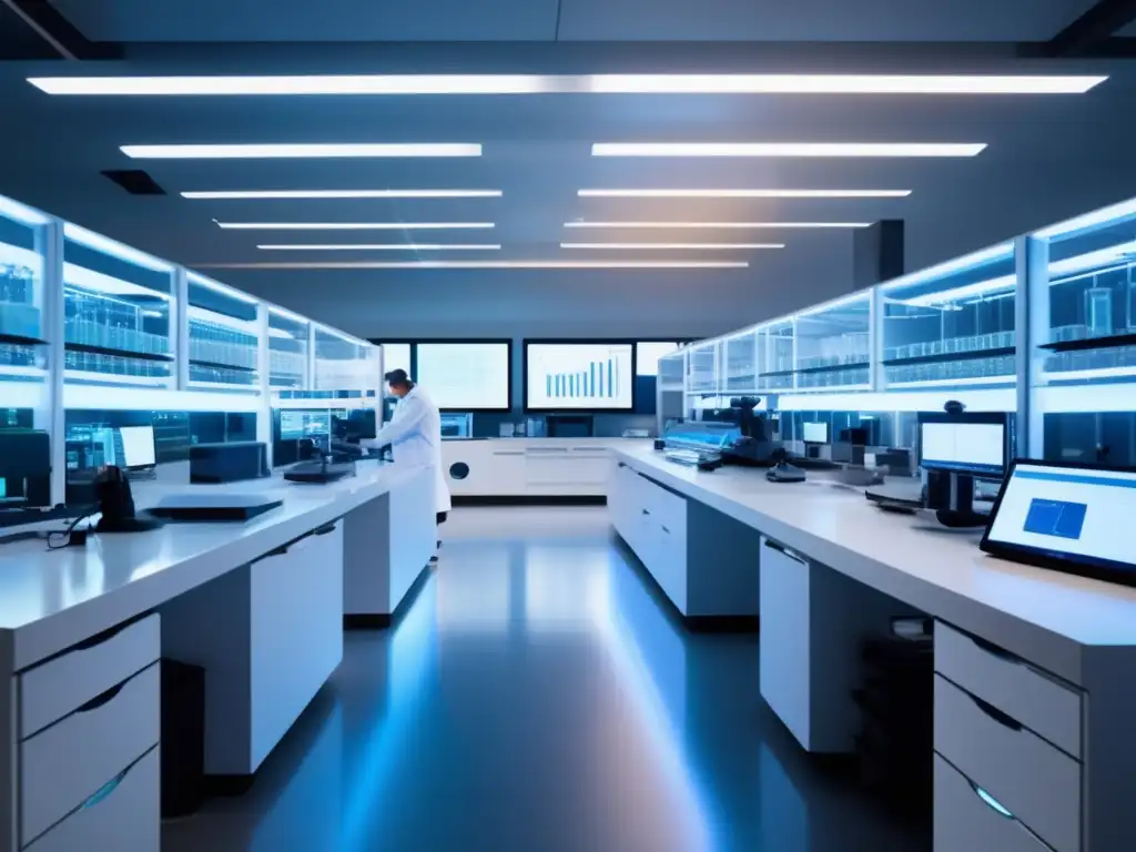 Moderno laboratorio de investigación con tecnología de vanguardia Un laboratorio de investigación de vanguardia con equipo científico avanzado y técnicos en batas blancas realizando experimentos y análisis de datos