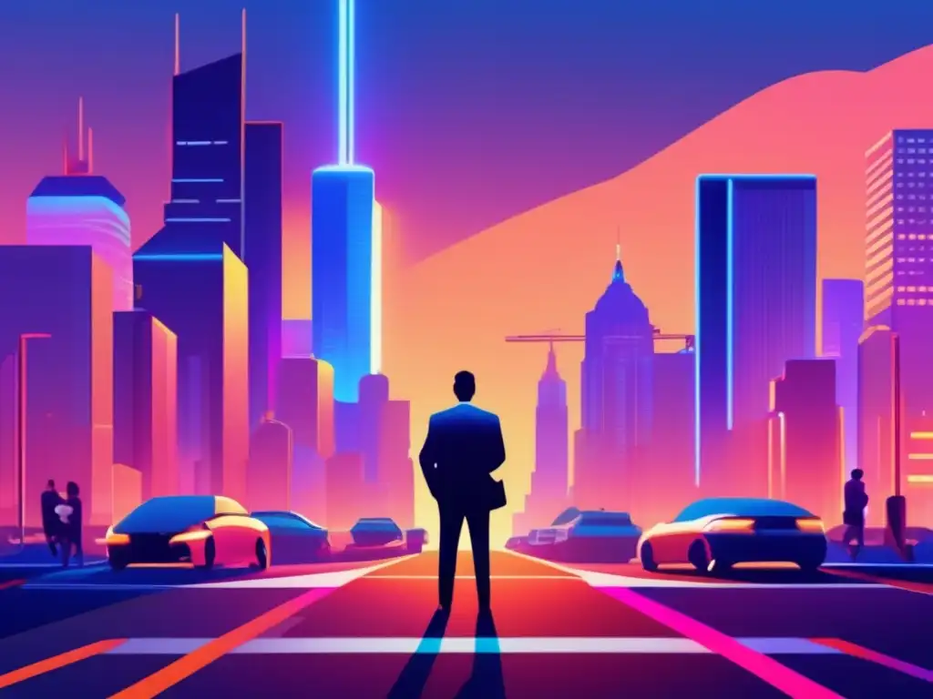 Persona en cruce de caminos Lecciones inversión inteligente en crisis: persona en cruce de caminos, ciudad al atardecer, opciones iluminadas por neón