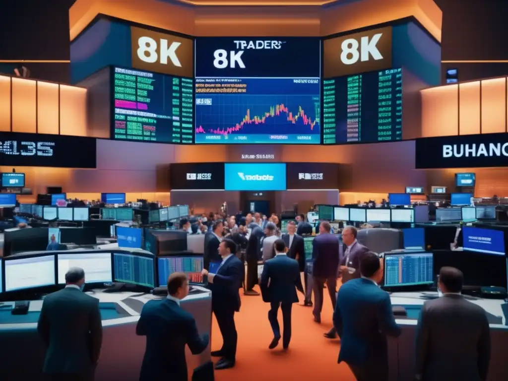 Caos financiero en la bolsa Lecciones inversiones GameStop: Piso vibrante de bolsa, traders gestando y gritando, datos financieros en pantallas, energía y metáfora visual