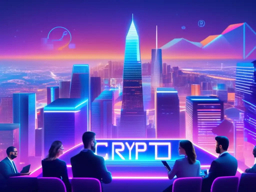 Futuro legal en el mundo cripto Evolución legal cripto en ciudad futurista con profesionales colaborando