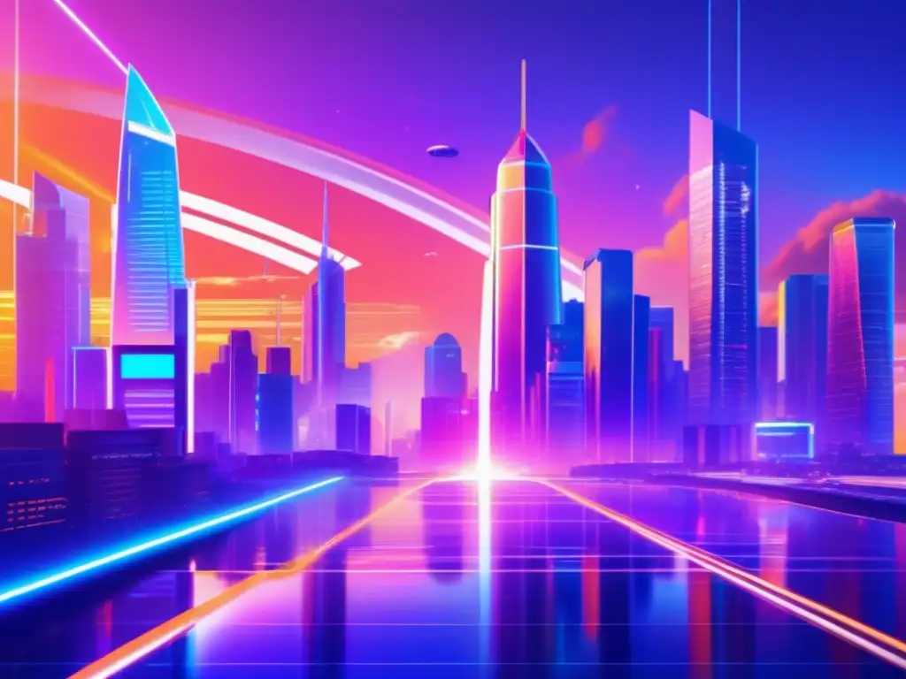 Ciudad futurista con rascacielos y regulaciones Evolución legal cripto: ciudad futurista, criptomonedas, regulaciones y profesionales serios