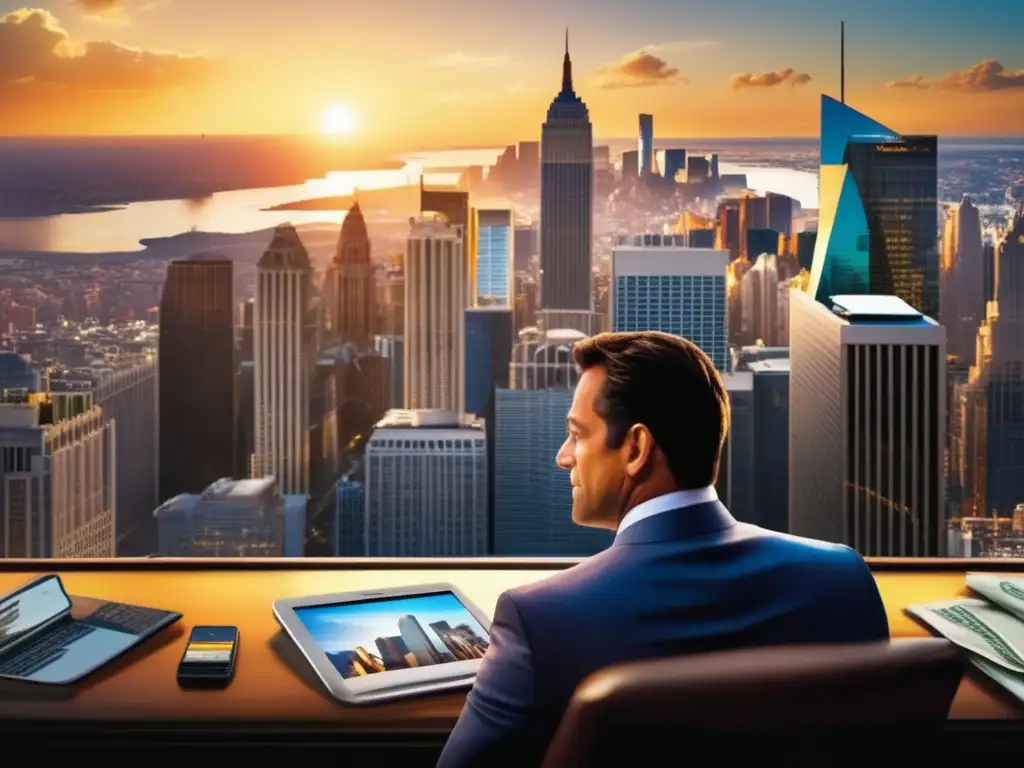 Ascenso meteórico en Wall Street Leyenda del Lobo de Wall Street: Jordan Belfort en la cúspide, rodeado de poder y ambición en un atardecer dorado en Wall Street