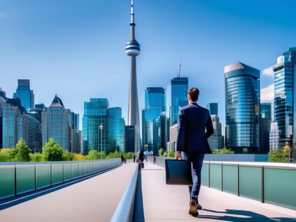 Oportunidades de inversión en Canadá Leyes fiscales inversiones Canadá, vista panorámica de la ciudad con rascacielos de cristal bajo cielo azul, actividad y profesional confiado