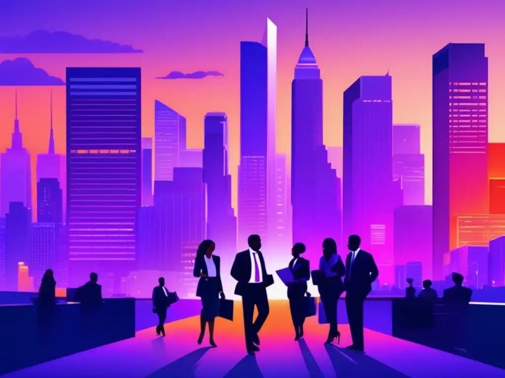 Skyline financiero al atardecer Leyes de inversión en acciones financieras: moderno skyline financiero al anochecer con profesionales discutiendo y edificios iluminados