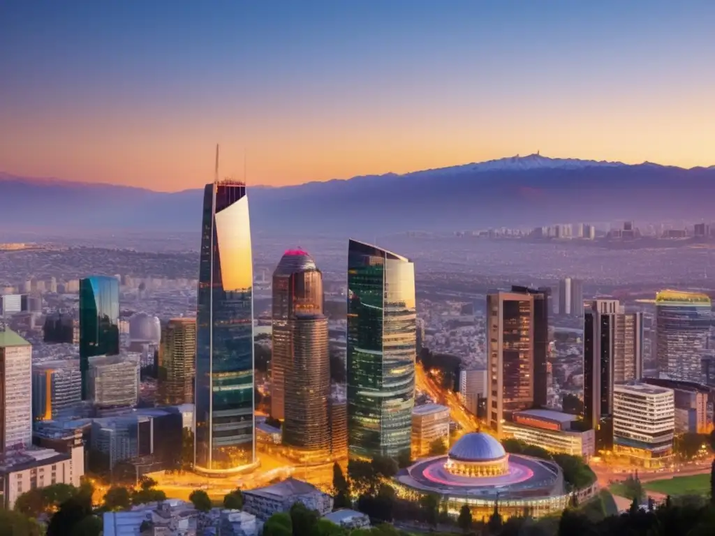 Skyline vibrante de Santiago, Chile al atardecer Leyes de inversión en Chile, ciudad vibrante al atardecer, rascacielos modernos y ambiente de negocios próspero