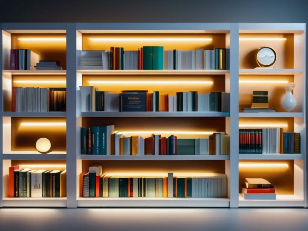 Estante libros finanzas educación Libros educación financiera novatos en moderna estantería blanca con iluminación LED