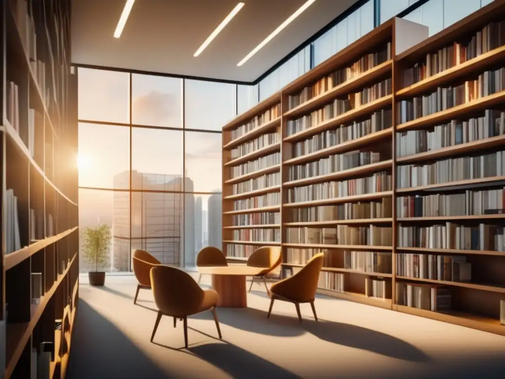 Biblioteca moderna con libros de finanzas Libros de inversión recomendados Wall Street: biblioteca moderna con libros ordenados y luz natural