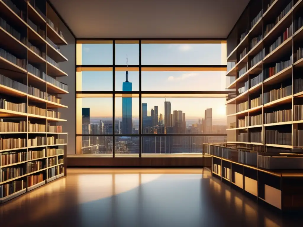 Biblioteca financiera moderna con vista urbana Libros de inversión recomendados Wall Street en biblioteca moderna con vista a la ciudad