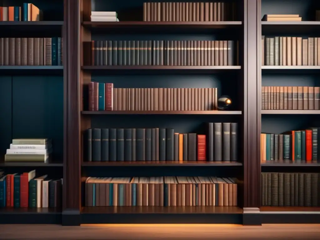 Estante de libros de inversión elegante y detallado Libros de inversión recomendados Wall Street en elegante estantería de madera oscura