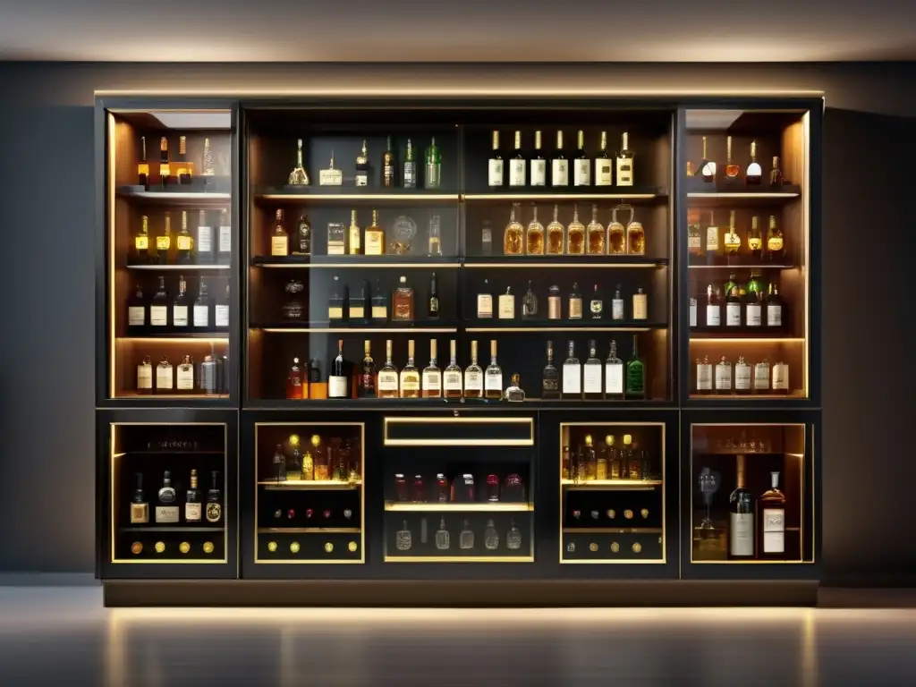Lujoso mueble bar con exclusiva colección de licores Licorera moderna con exclusivos licores y elegante diseño - Estrategias inversión licores exclusivos