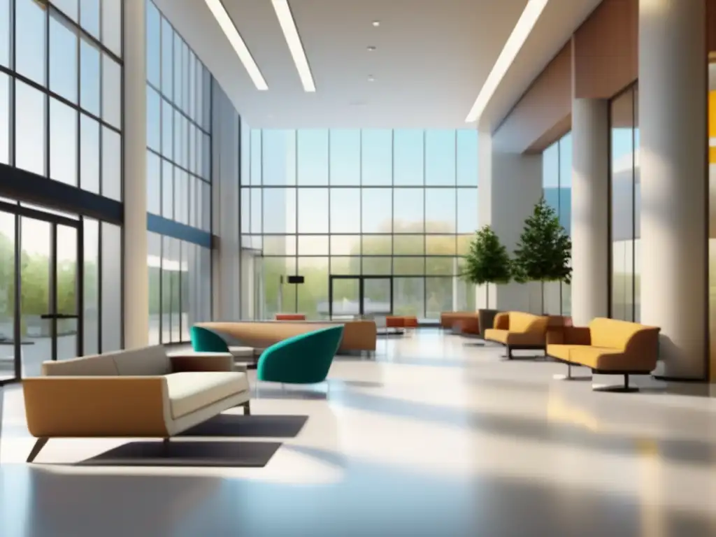 Moderno vestíbulo hospitalario con diseño minimalista Lobby moderno y acogedor de hospital