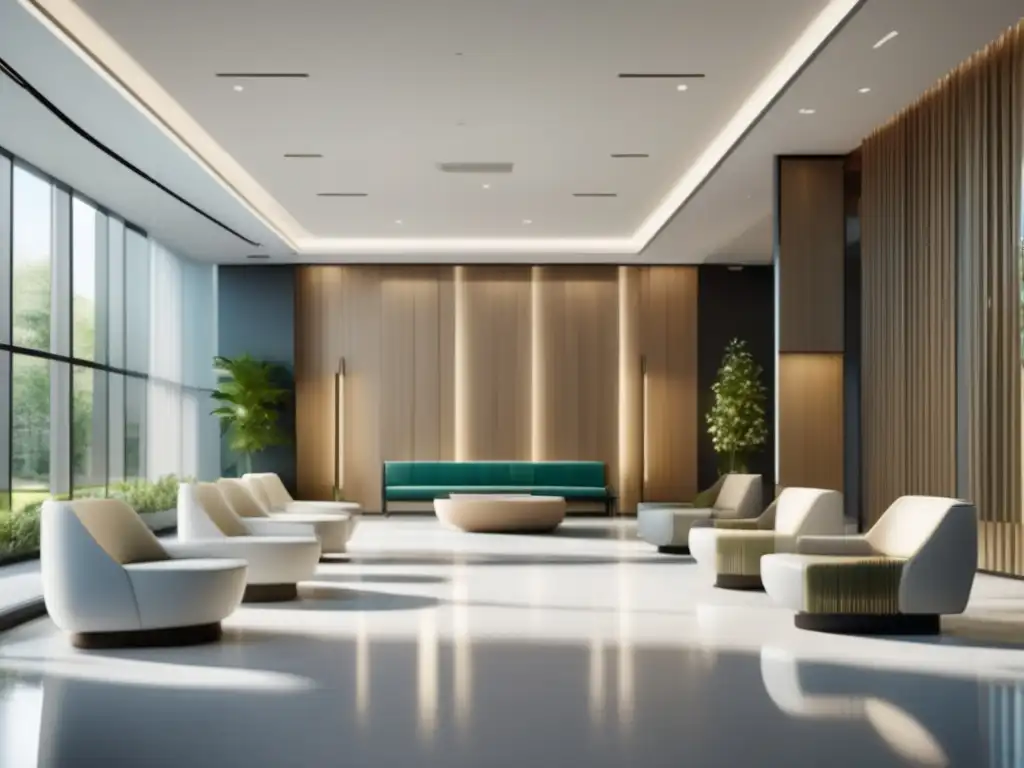 Moderna y luminosa recepción de hospital Lobby moderno de hospital con diseño contemporáneo y vista panorámica a jardín - Inversión colectiva sector salud