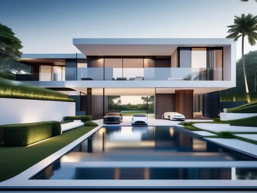 Mansión de lujo en frente de agua Mansión de lujo en la costa con diseño moderno, ventanales y jardines exuberantes