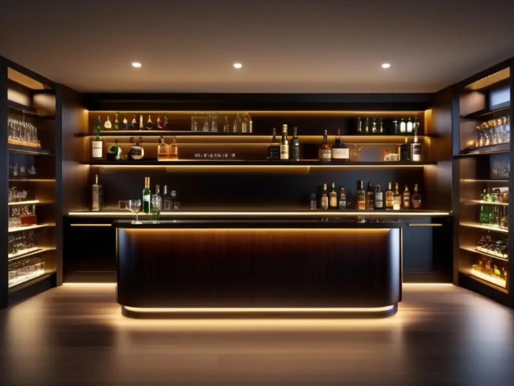 Barra de lujo con exclusivas botellas de licor Una lujosa barra de casa con licores exclusivos invita a explorar estrategias de inversión en licores exclusivos