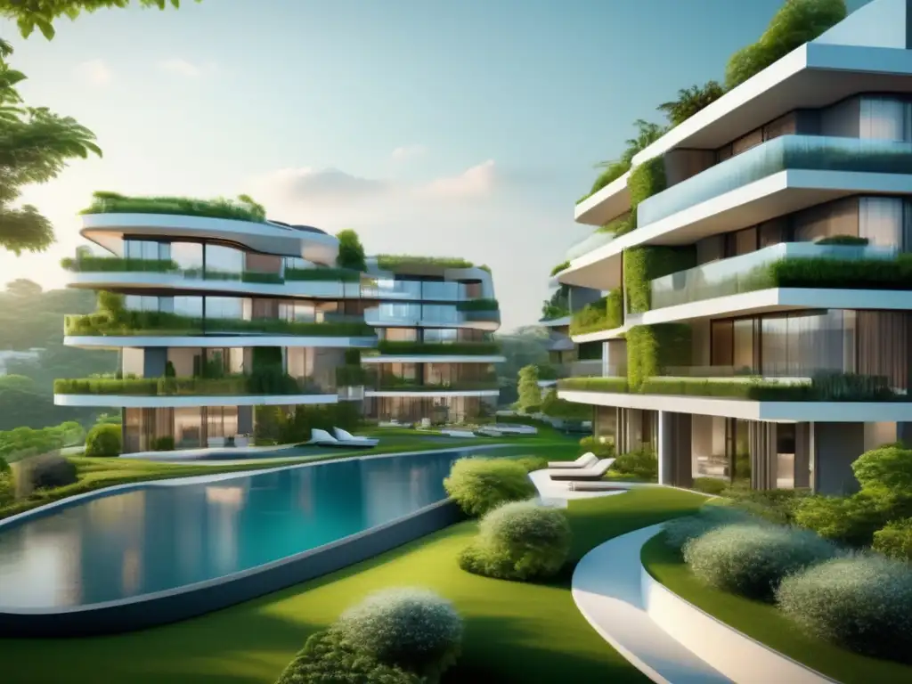 Lujoso complejo de apartamentos modernos Un lujoso complejo de apartamentos modernos rodeado de un paisaje verde exuberante