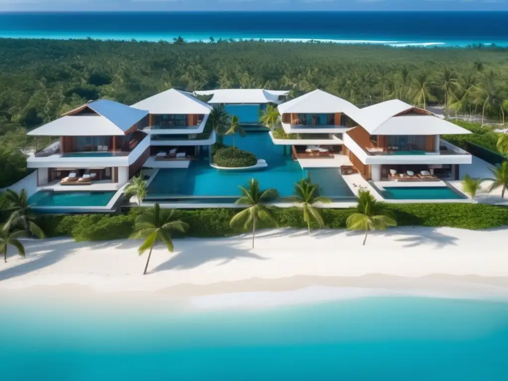 Resort de lujo frente a la playa Un lujoso resort frente a la playa en un entorno tropical, con piscina infinita y vistas panorámicas
