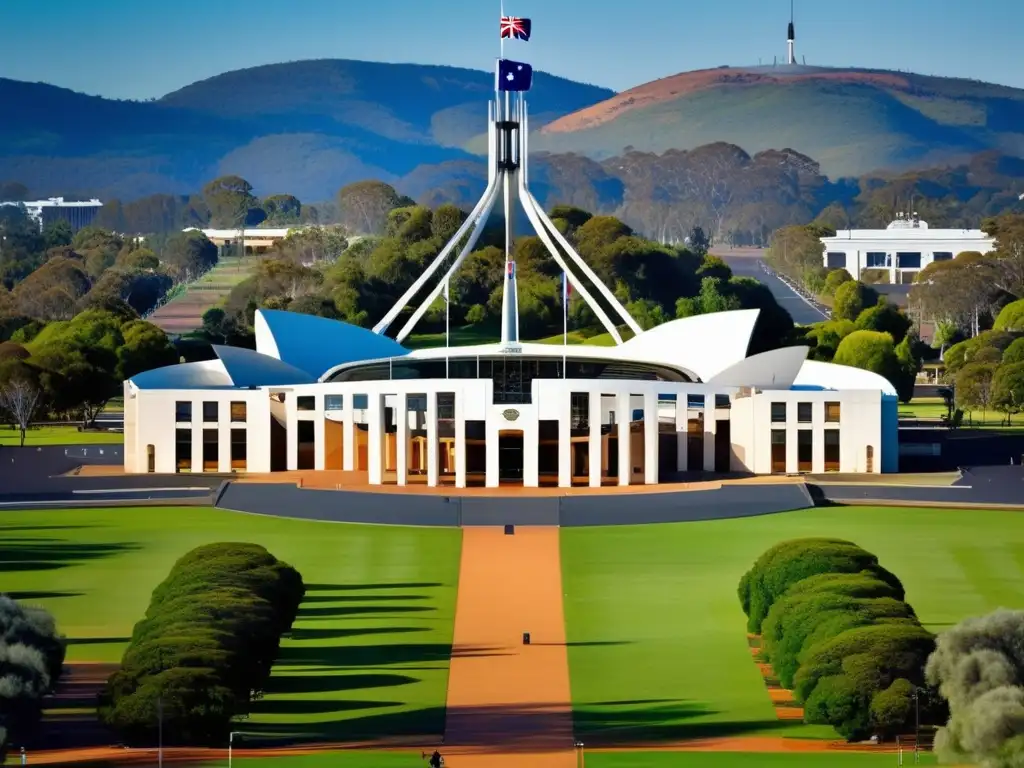 Parlamento de Australia: majestuosidad y naturaleza Majestuosa imagen de la Casa del Parlamento Australiano en Canberra, rodeada de exuberante vegetación y un cielo azul despejado