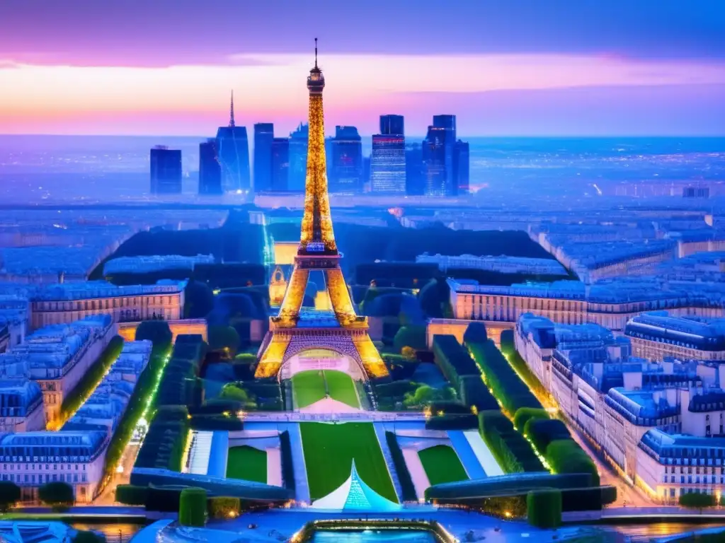 Paris skyline at dusk: Eiffel Tower and city lights París: Majestuosa imagen 8K de la icónica Torre Eiffel y el skyline al anochecer