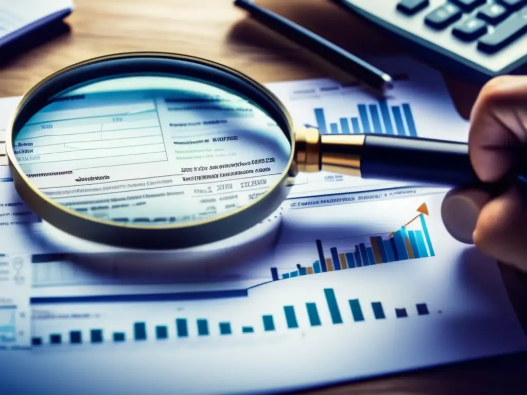 Investigación financiera detallada Mano sosteniendo lupa en documento financiero para identificar estafas de inversión