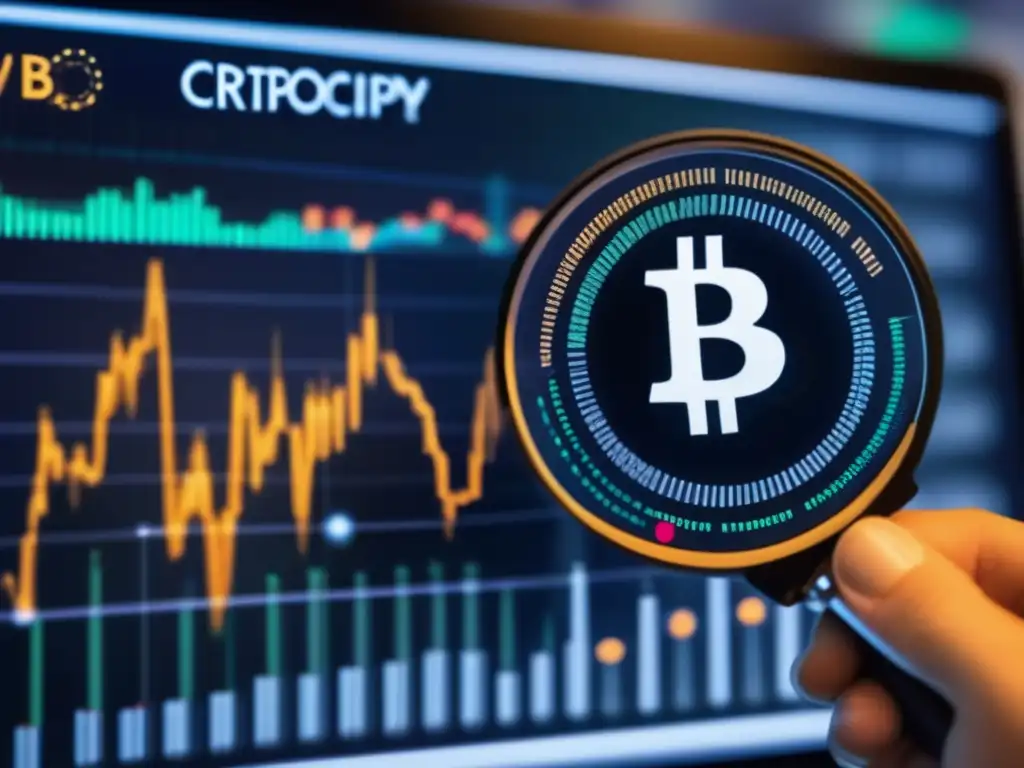 Análisis profesional de criptomonedas Mano sostiene lupa sobre gráfico criptomonedas, resalta análisis fundamental