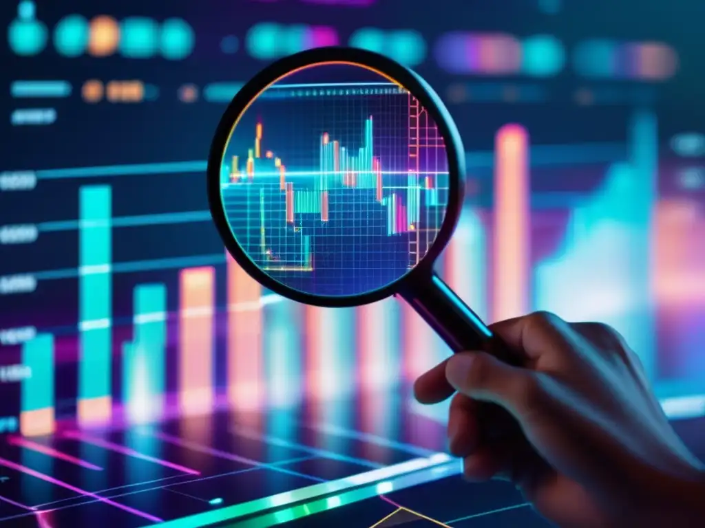 Mano analizando gráfico financiero holográfico Mano sosteniendo lupa en gráfico financiero holográfico: Consejos para artistas del mercado de inversión