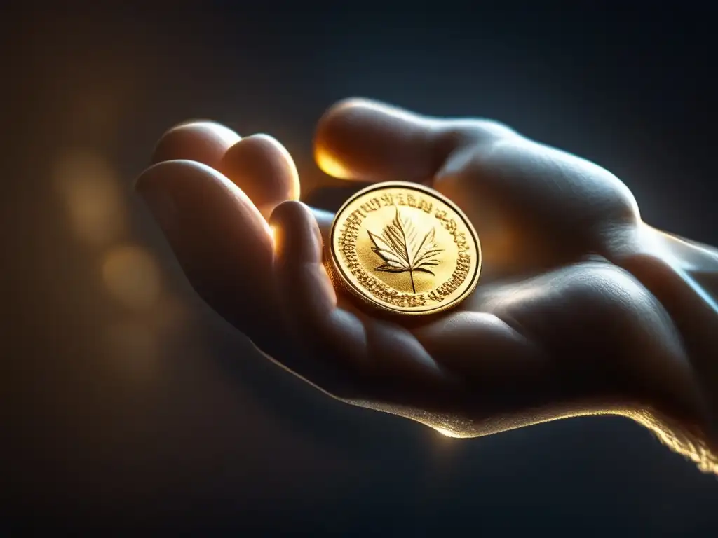 Mano sosteniendo moneda dorada Mano sosteniendo moneda dorada, detallada y brillante