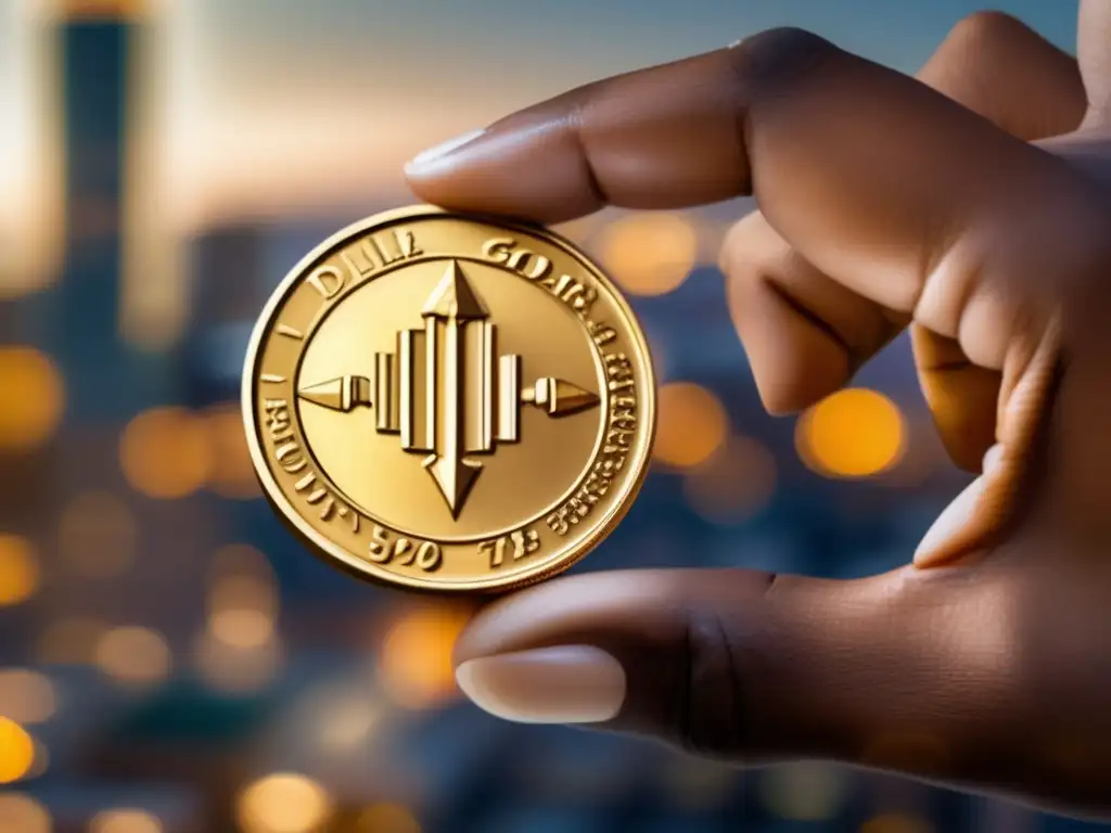 Moneda de oro brillante con símbolos de inversión Mano sosteniendo moneda dorada con símbolos de inversión, resaltando valor y riqueza