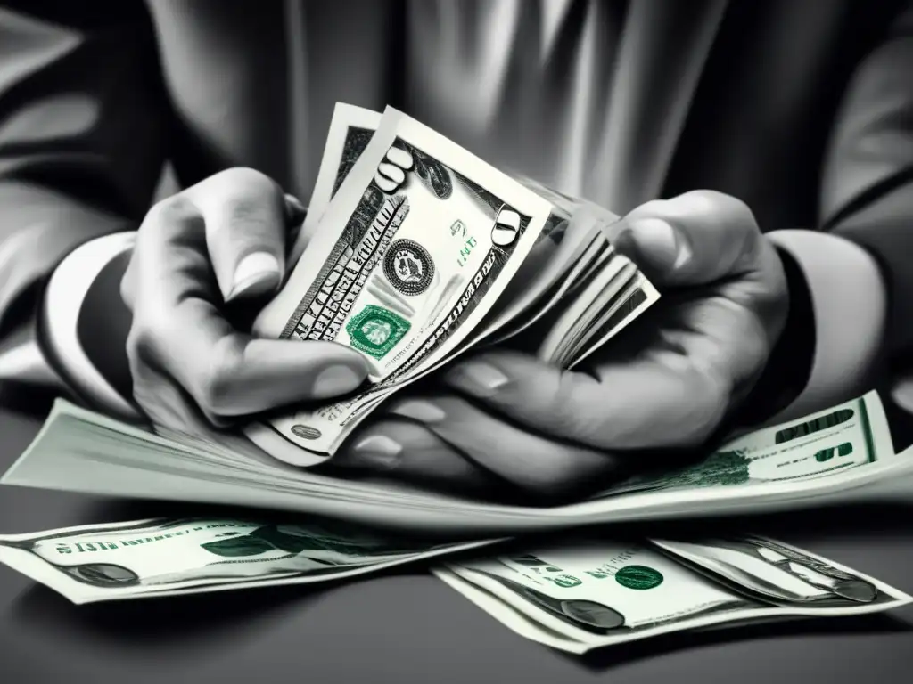 Crisis financiera: manos aferradas a billetes Manos sujetando billetes arrugados, simbolizando la turbulencia financiera y la importancia de la psicología en tiempos de crisis