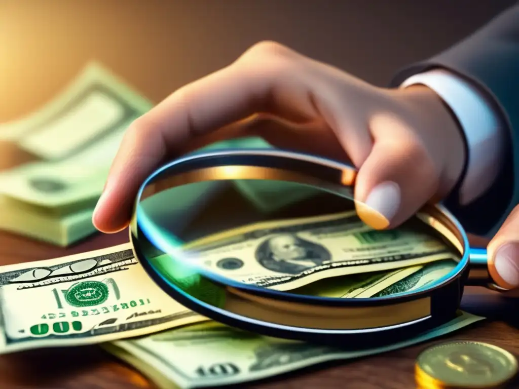 Magnifying glass zooms on money Manos sosteniendo lupa, enfocando dinero