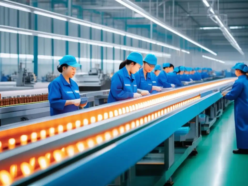 Fábrica china de alta tecnología Manufactura china moderna: trabajadores en uniformes azules operando maquinaria avanzada, eficiencia y tecnología