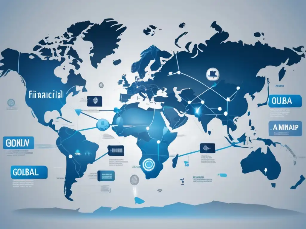 Mapa financiero global: flujos de dinero y monedas Mapa financiero global con países destacados y conexiones monetarias - Políticas monetarias internacionales