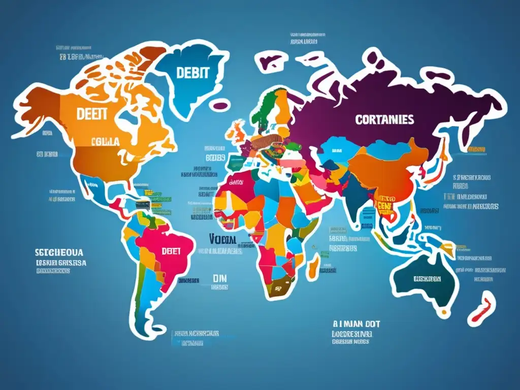 Mapa global de deuda soberana Mapa mundial que destaca la influencia de la deuda soberana en países, con detalles intrincados y colores vibrantes